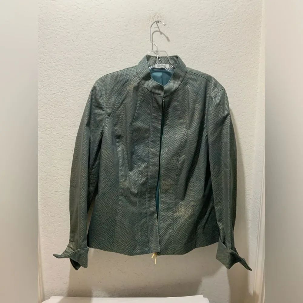 Reba Women's Teal/Gold Metallic Zip-up Jacket Mandarin Collared Size 10